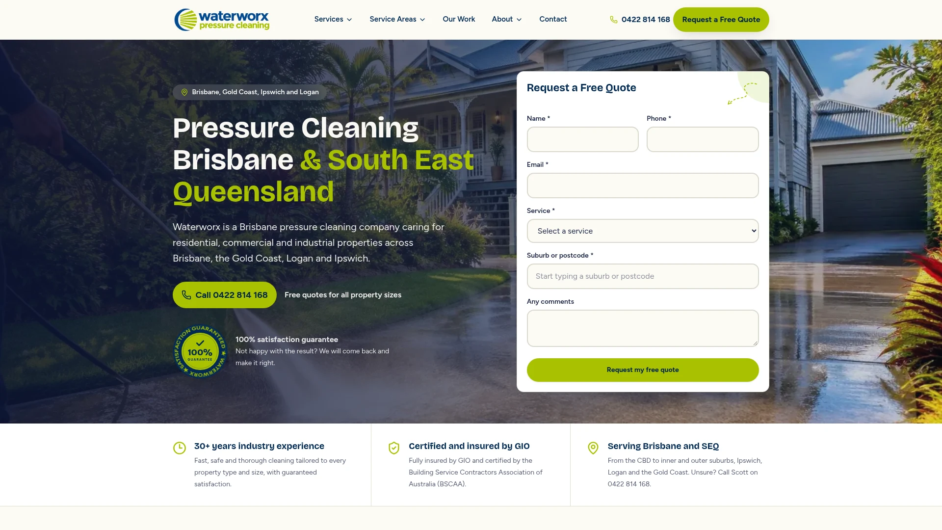 Desktop screenshot of the Waterworx Pressure Cleaning website showing its services and quote form