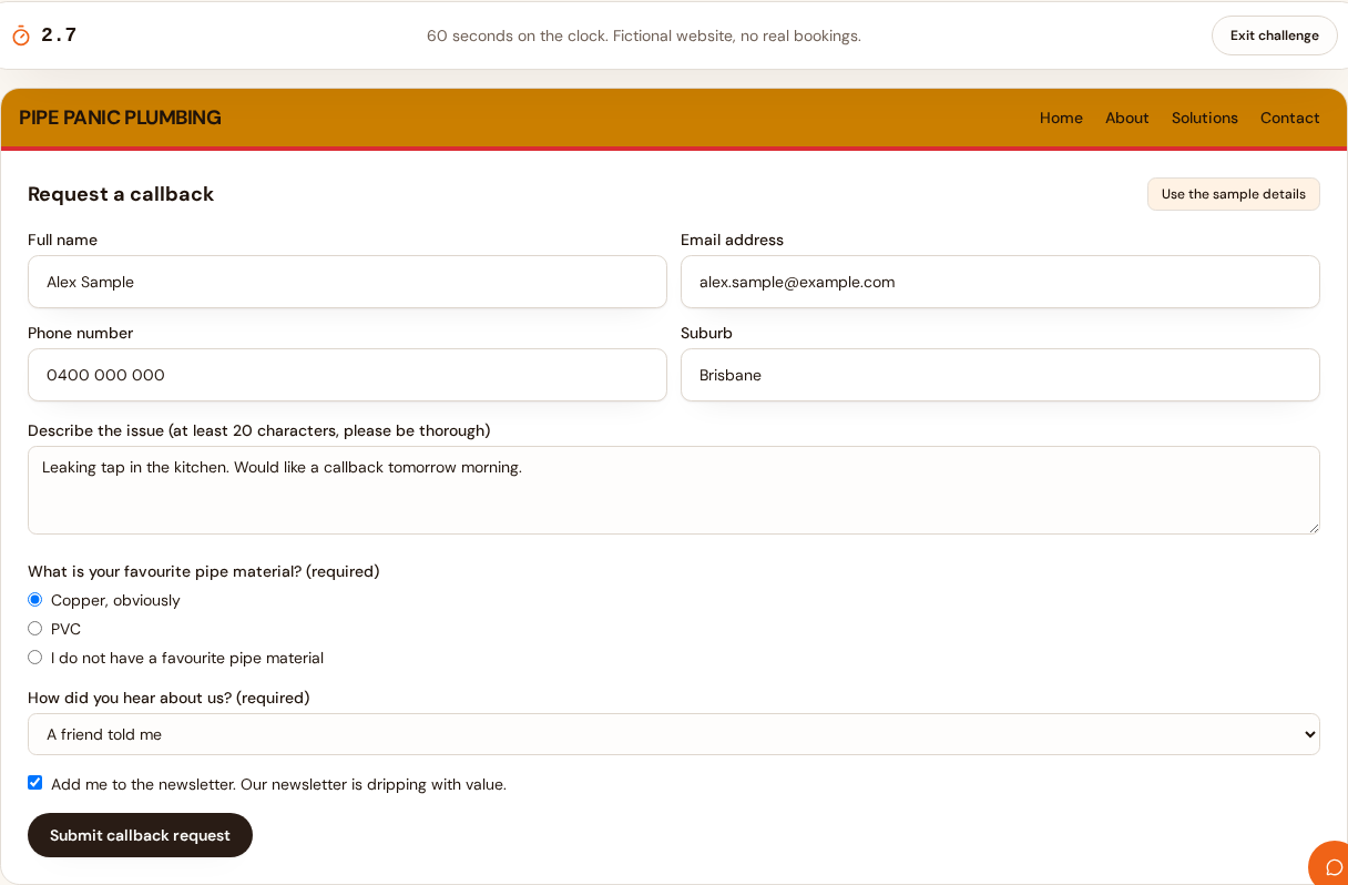 The Pipe Panic Plumbing callback form with many required fields, including favourite pipe material, and a chatbot bubble overlapping the page