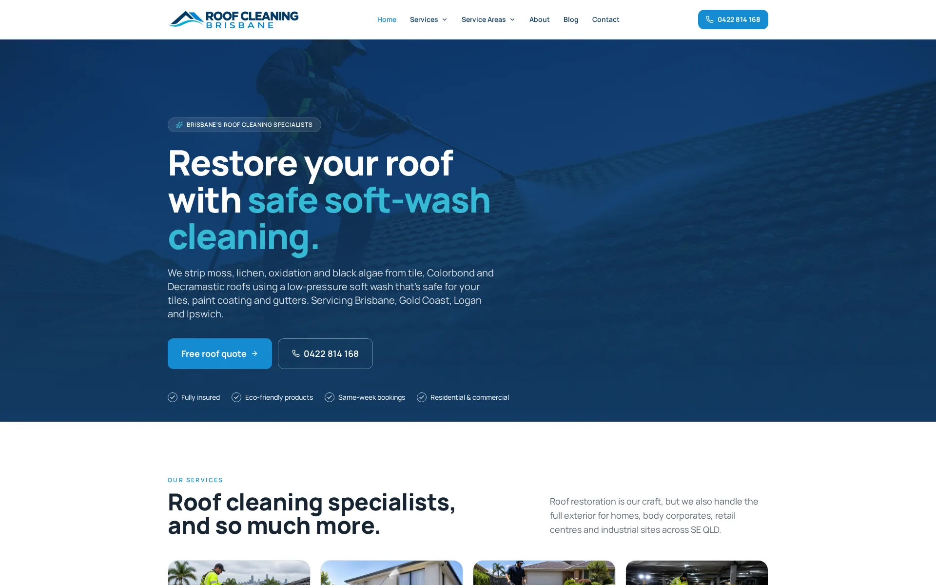 Desktop screenshot of the Roof Cleaning Brisbane website showing soft-wash roof cleaning services and a free quote button