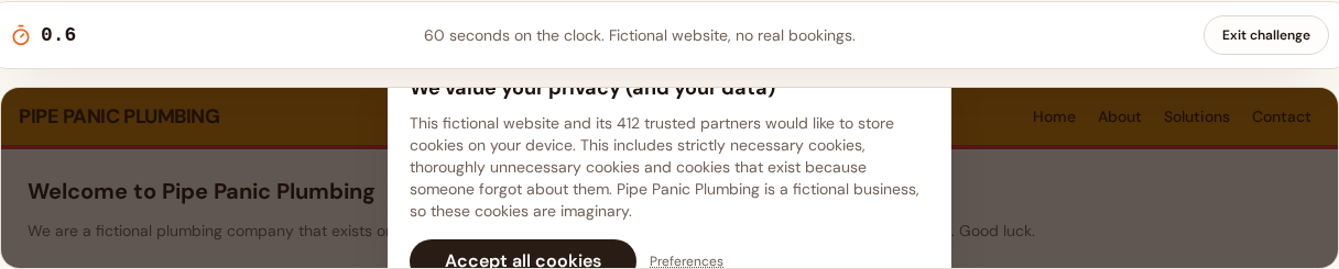 The fictional Pipe Panic Plumbing website showing an oversized cookie consent panel with a large accept button
