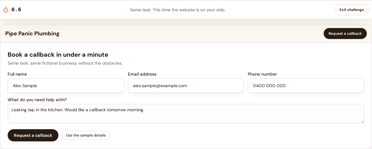 The clean version of the callback task: a short four field form with a prominent submit button