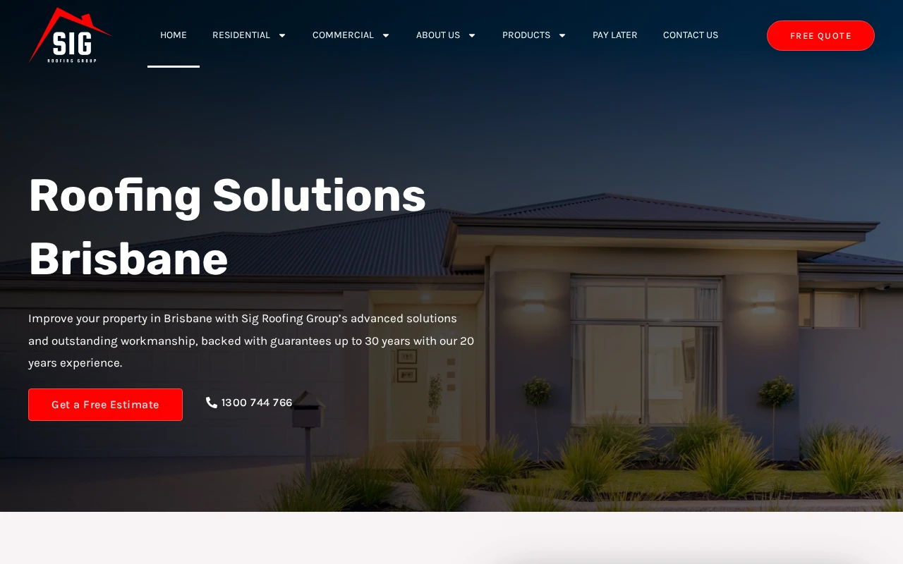 Desktop screenshot of the SIG Roofing Group website showing its Brisbane roofing services and free estimate link