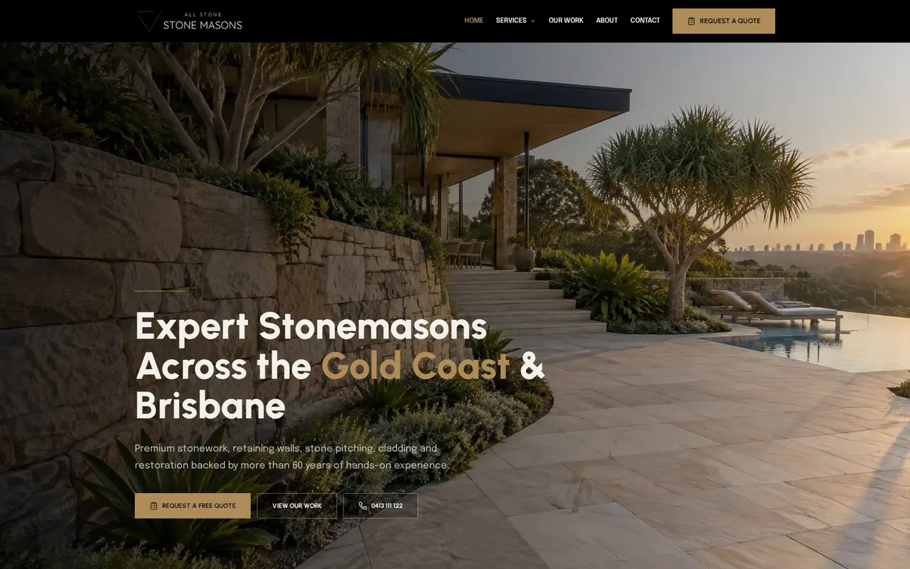 Desktop screenshot of the All Stone & Pave website showing a sandstone retaining wall, its Gold Coast and Brisbane stonemason headline and a free quote button