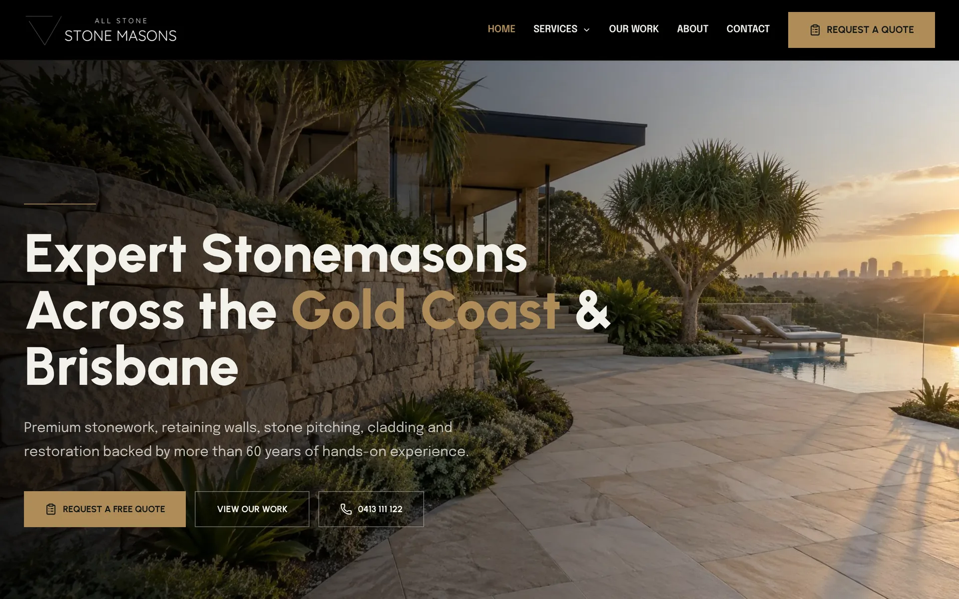 The All Stone & Pave website, built by Launch North, showing a sandstone retaining wall and a free quote button