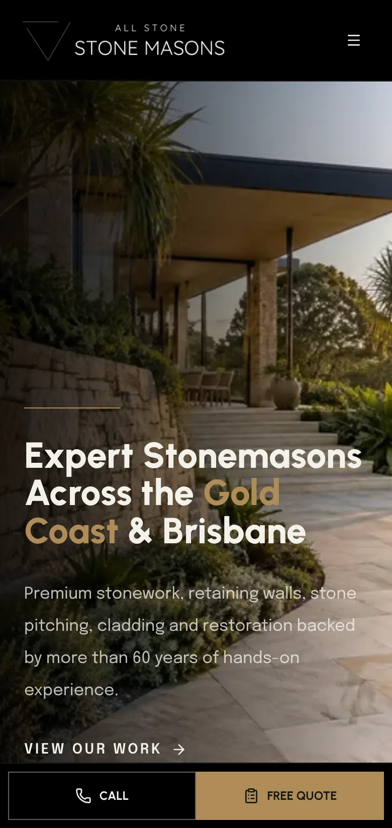 The All Stone & Pave website on a phone, built by Launch North, with call and free quote buttons