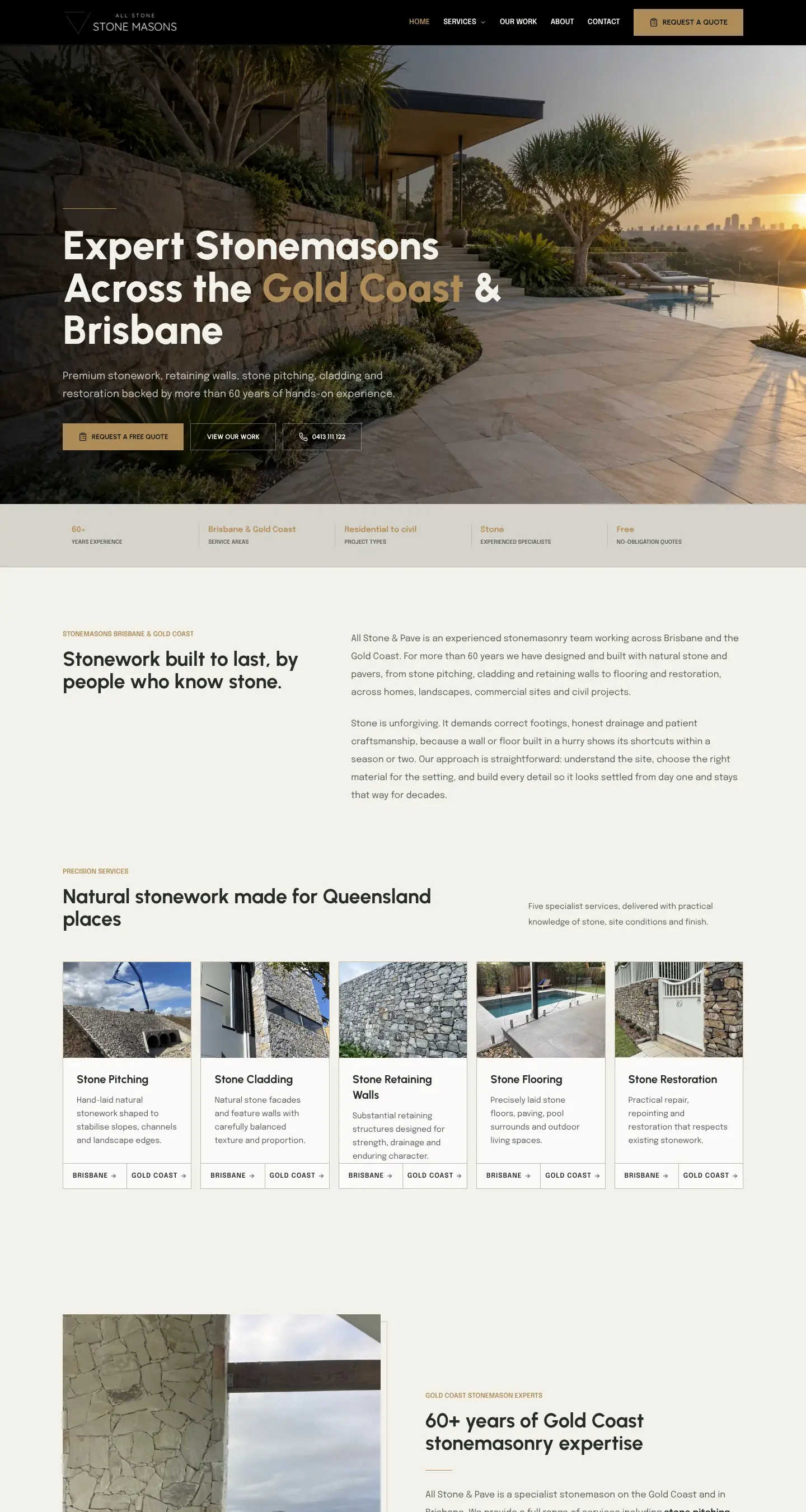Desktop screenshot of the All Stone & Pave website showing a sandstone retaining wall, its Gold Coast and Brisbane stonemason headline and a free quote button