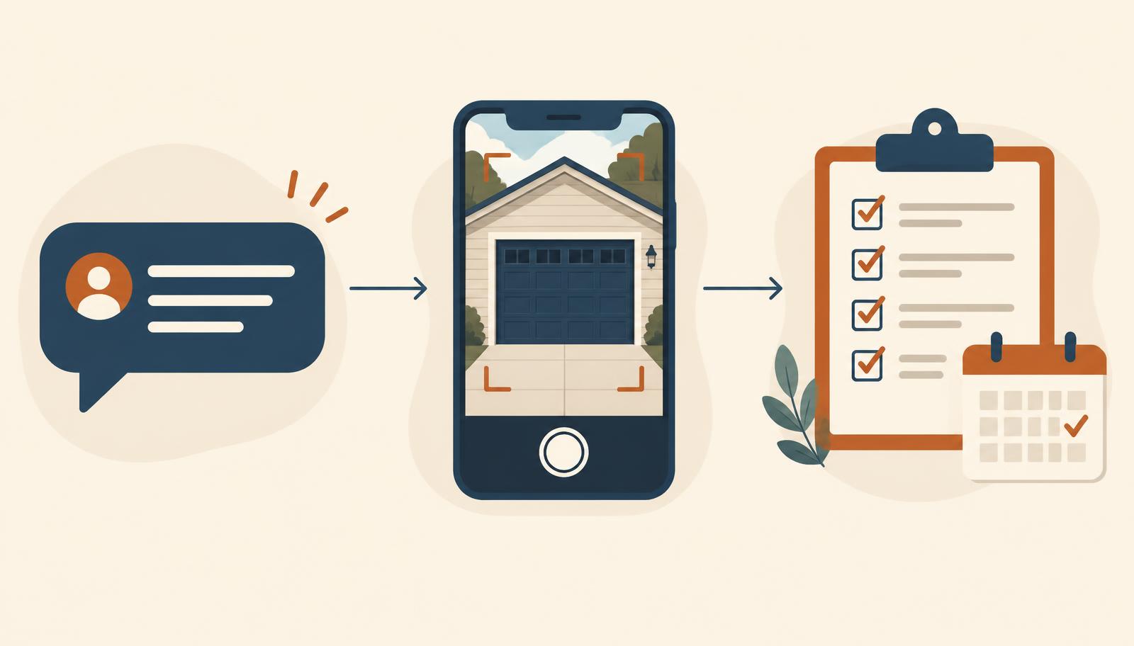 Illustration of a chat question, a phone camera framing a garage door and a checklist with a calendar, representing ask, show and delegate