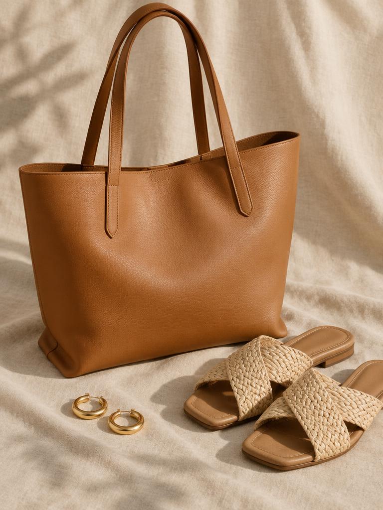 Leather tote, gold hoops and woven sandals