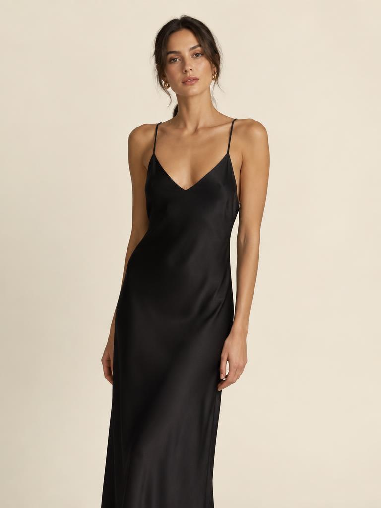 Model in a black slip dress