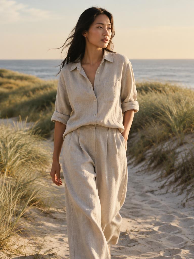 Model in a linen shirt and trousers on a dune path