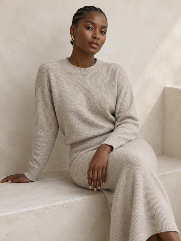 Model in a stone knit set seated on a plaster bench