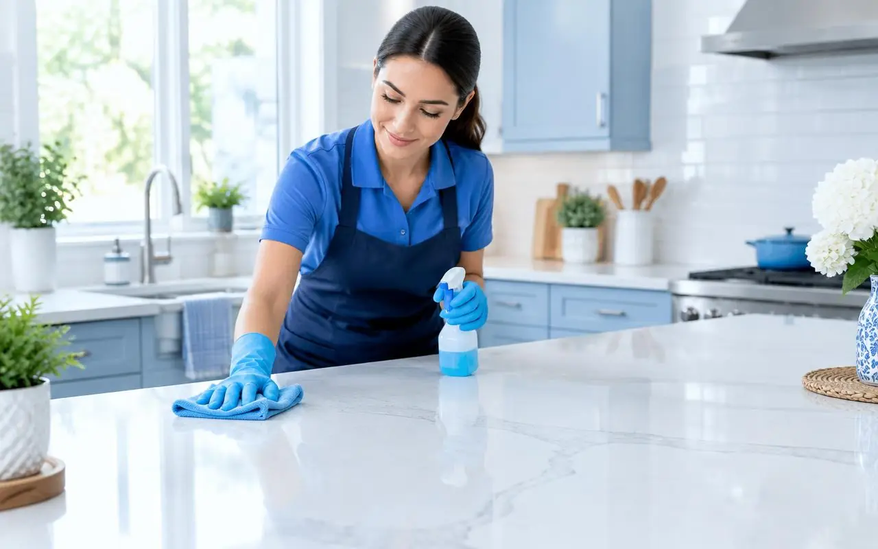 Cleaner wiping a kitchen bench