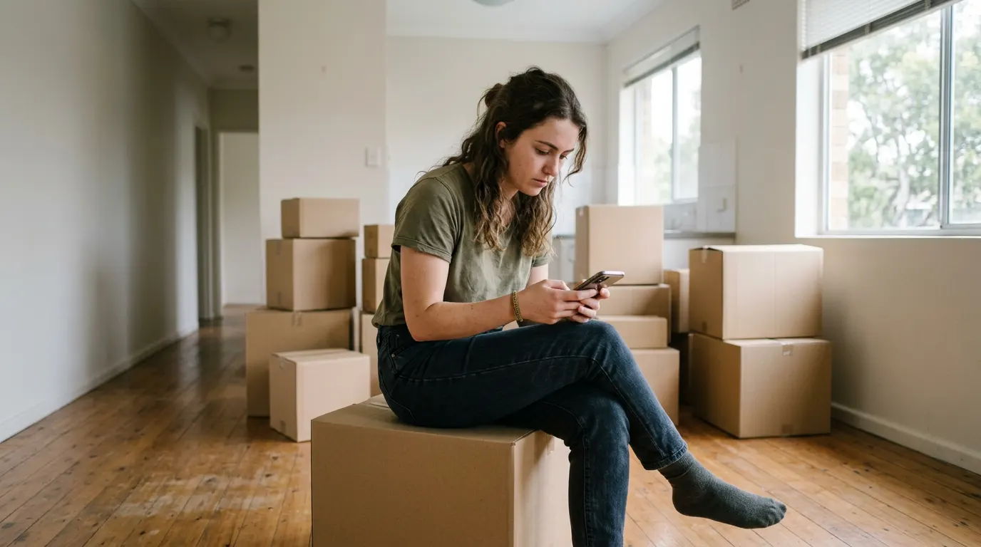 A young renter sitting on a moving box in an empty apartment, searching for a bond cleaner on her phone