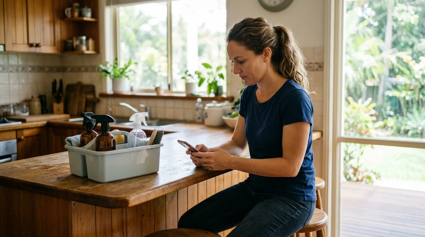 A cleaning business owner at a kitchen bench in a bright Queensland home, reading a quote request on her phone beside a caddy of spray bottles