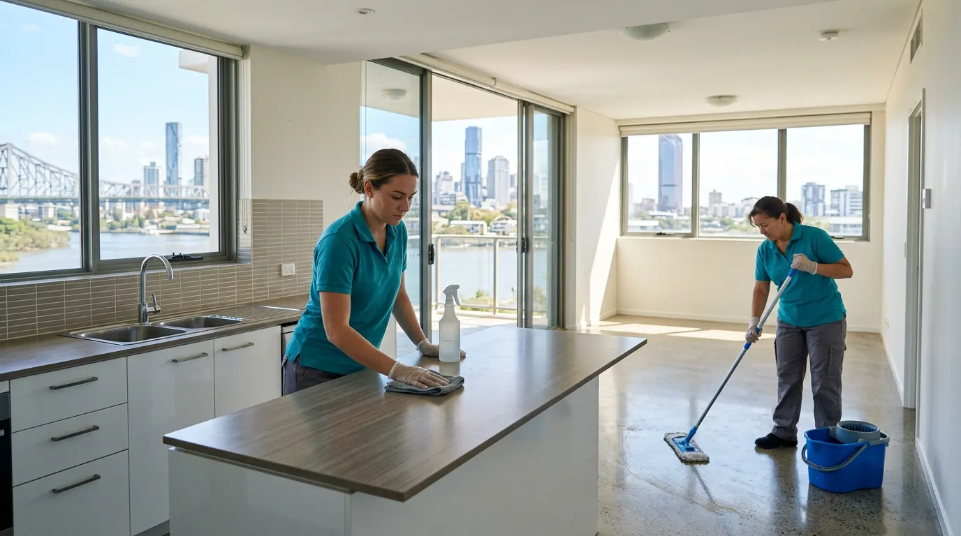 Two cleaners in teal polo shirts doing an end of lease clean in a bright Brisbane apartment, one wiping the bench and one mopping