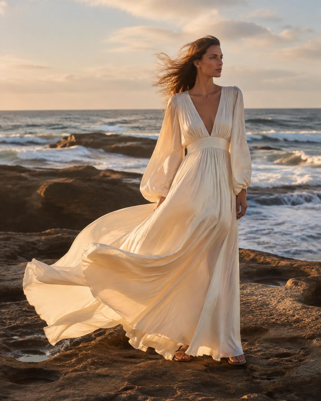 Model in a flowing cream maxi dress on a coastal rock shelf at sunset