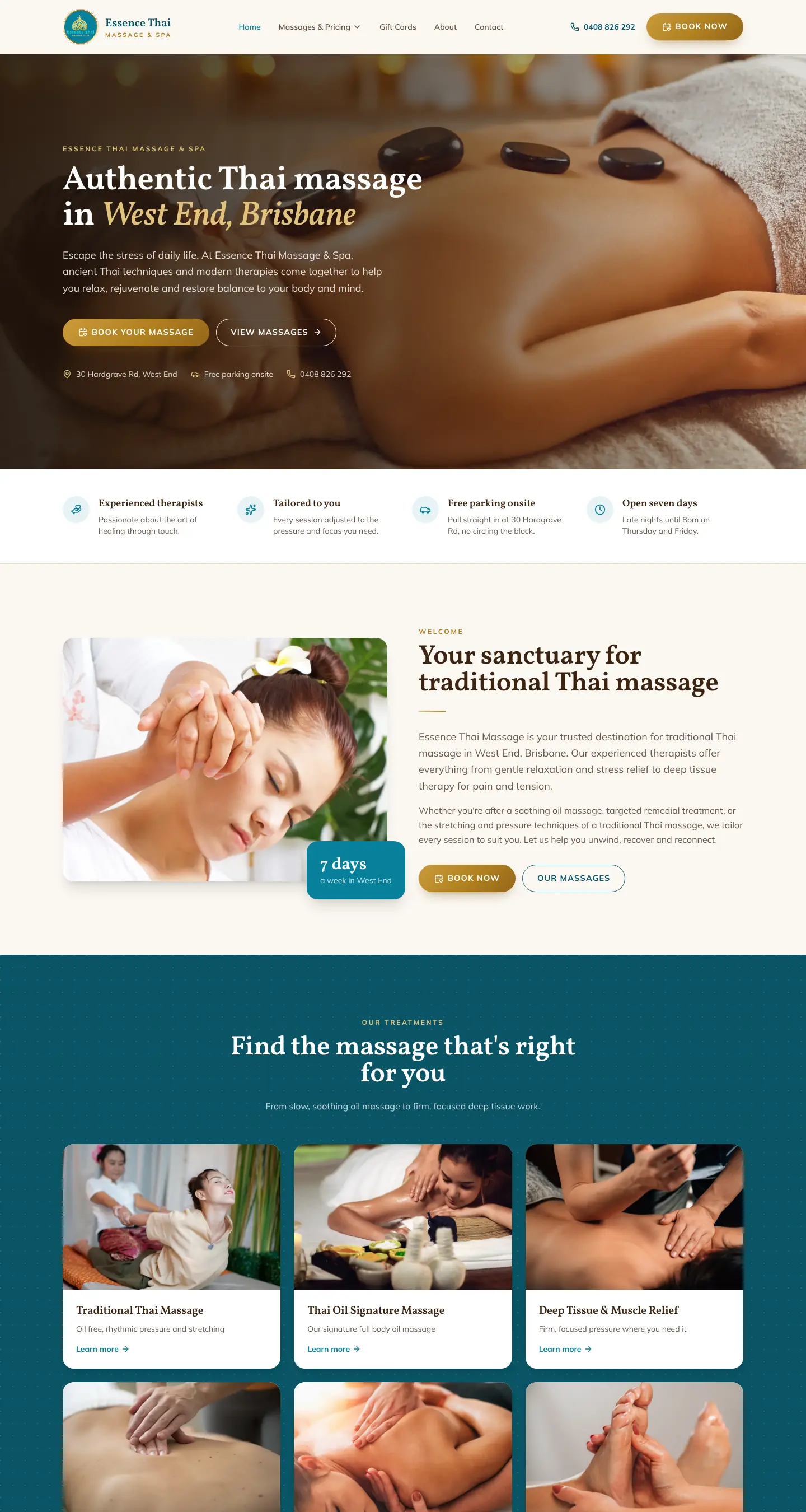 Desktop screenshot of the Essence Thai Massage website showing a hot stone massage, its West End Brisbane headline and a book your massage button