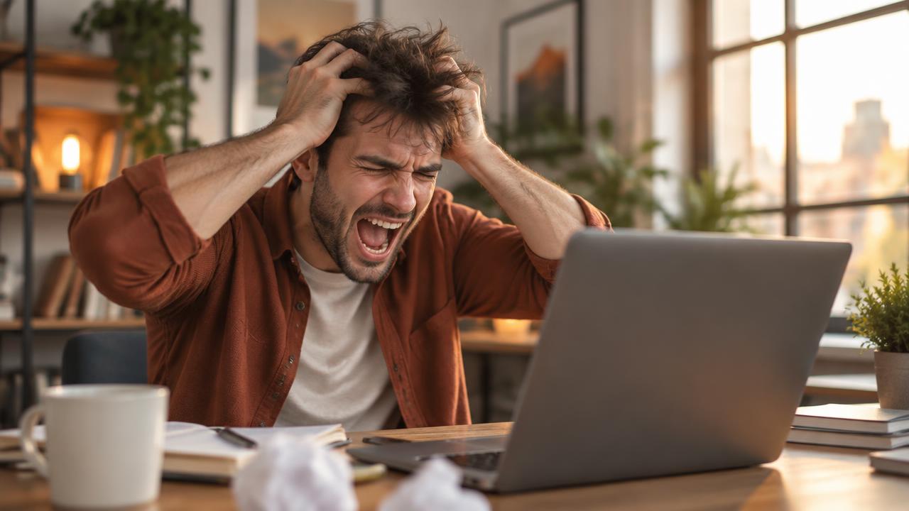 A man at a laptop screaming in frustration with both hands clutching his head