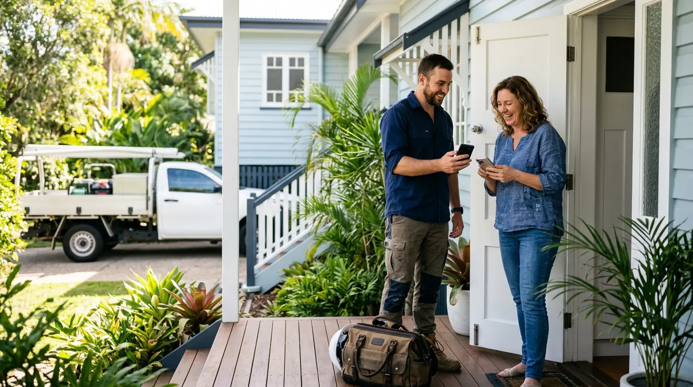 A smiling tradie on a Queensland front porch showing his phone to a happy homeowner after finishing the job