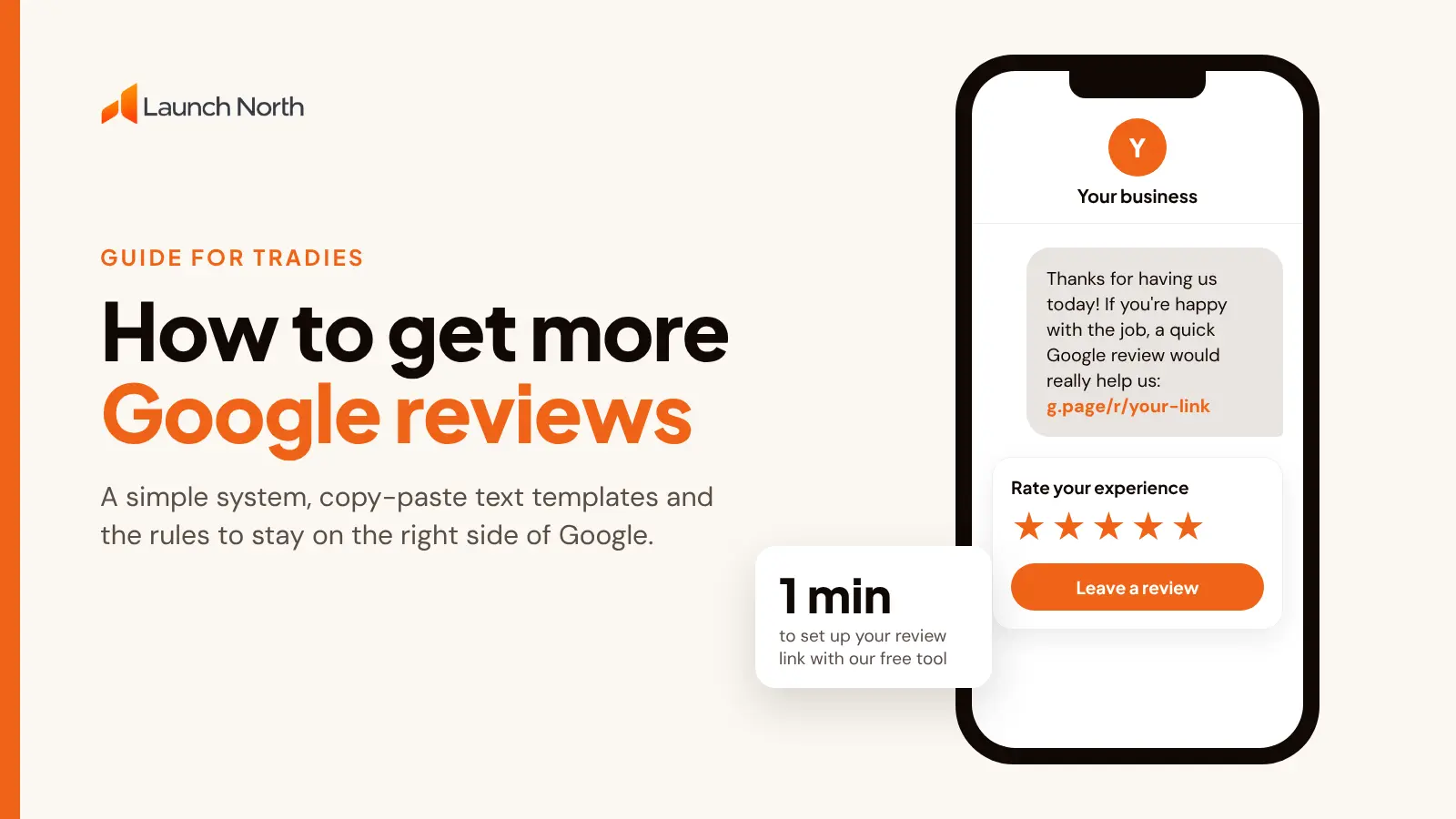 Phone showing a five star Google review request text message, with the heading How to get more Google reviews