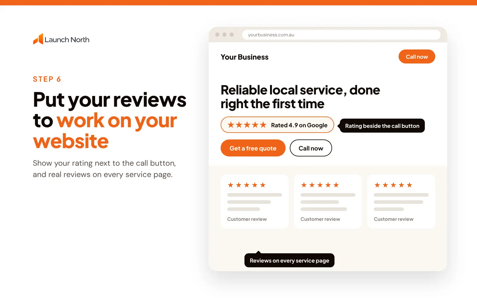 Example service business website with a star rating badge near the call button and review cards under the services section