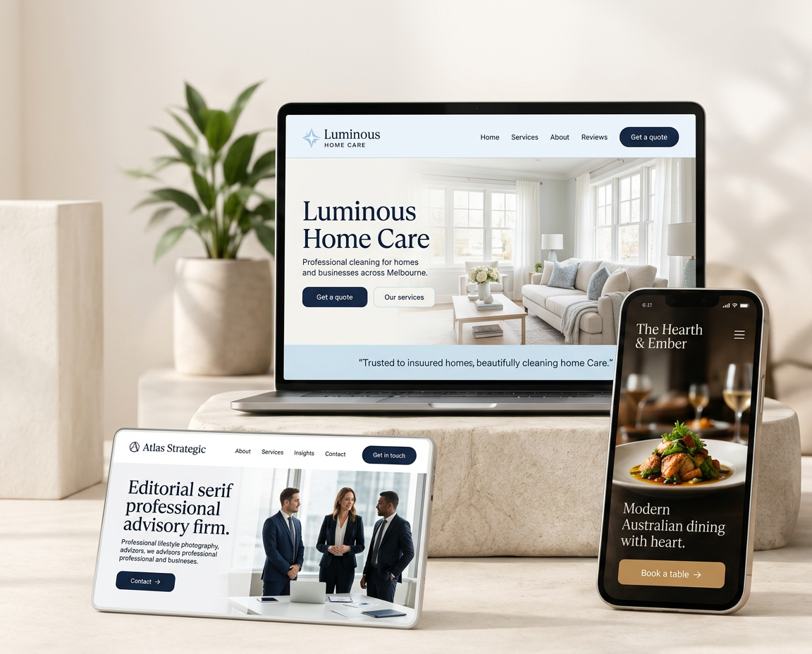 Small business websites shown on a laptop, tablet and mobile phone