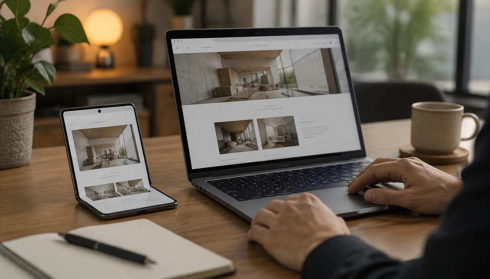 Developer testing a responsive website on a foldable phone beside a laptop