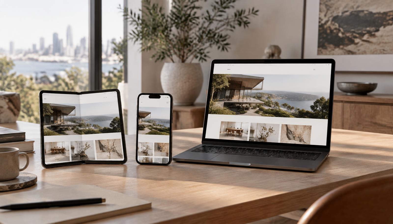 Foldable phone, conventional phone and laptop showing the same responsive business website