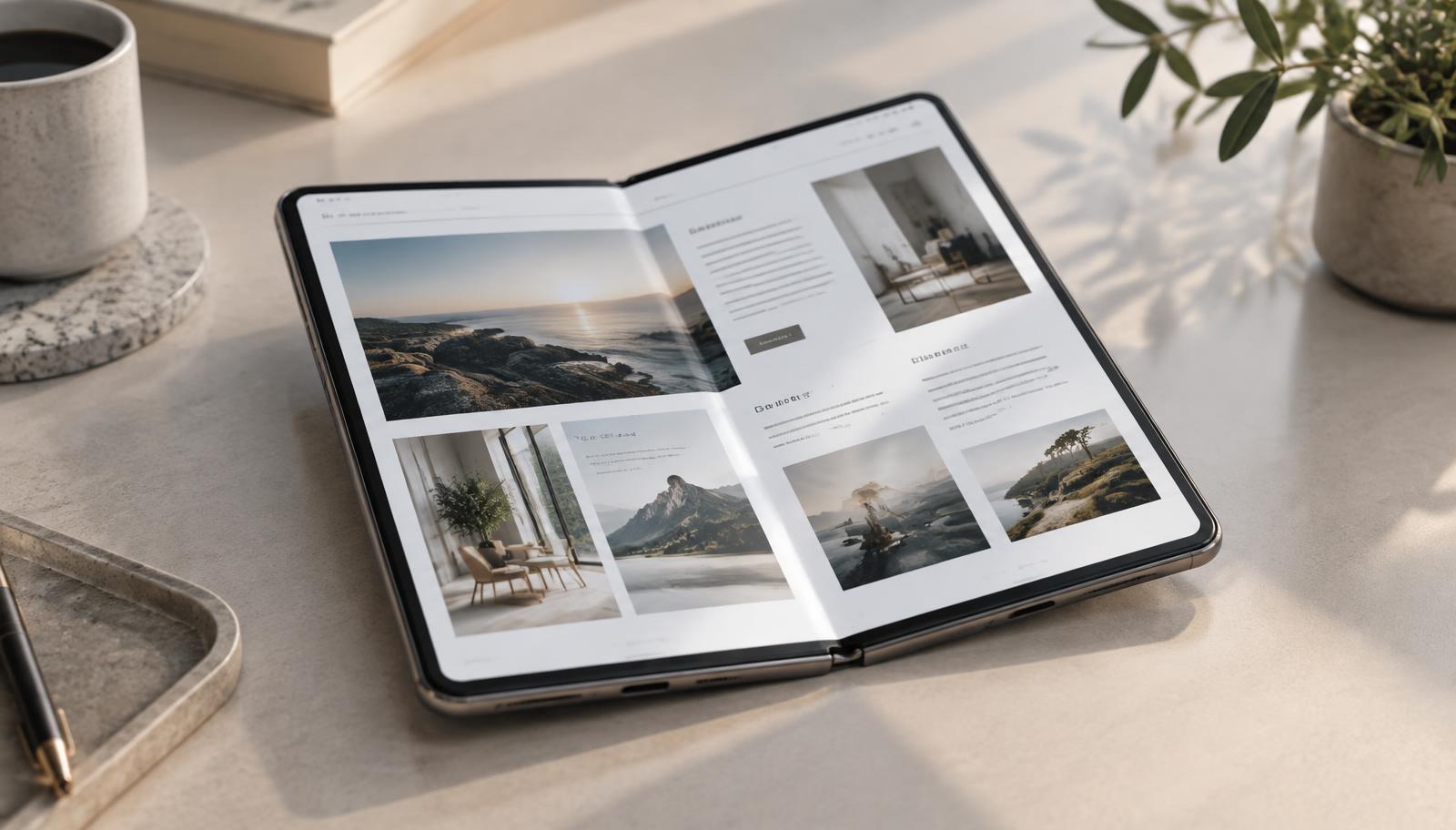 Responsive business website reflowing across an open foldable phone display