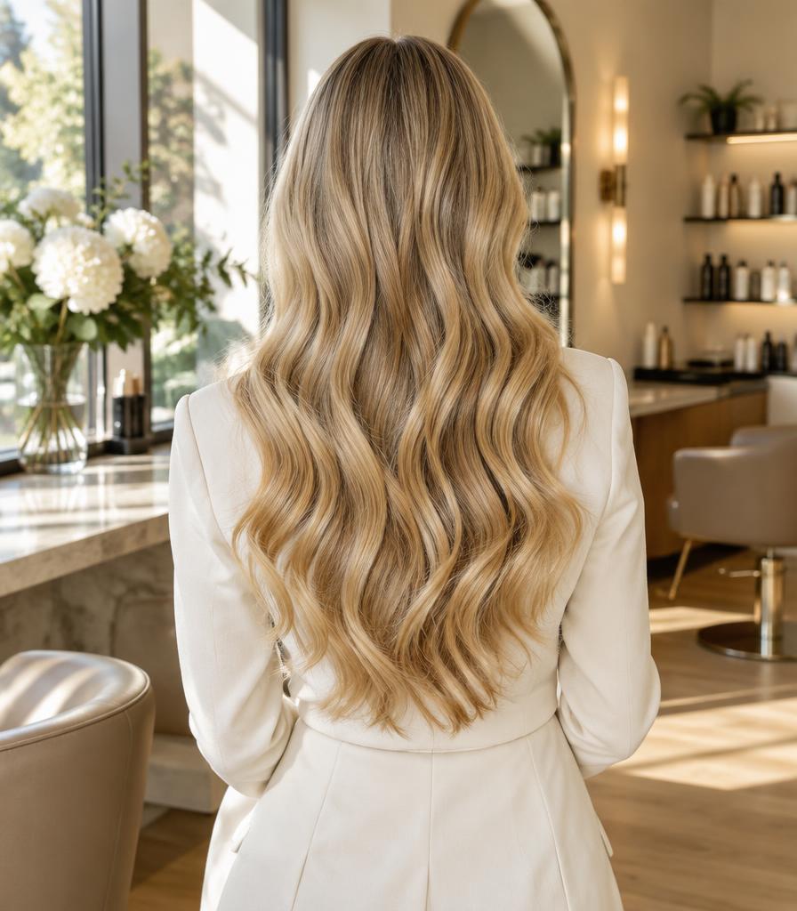 Long honey blonde waves in a contemporary salon