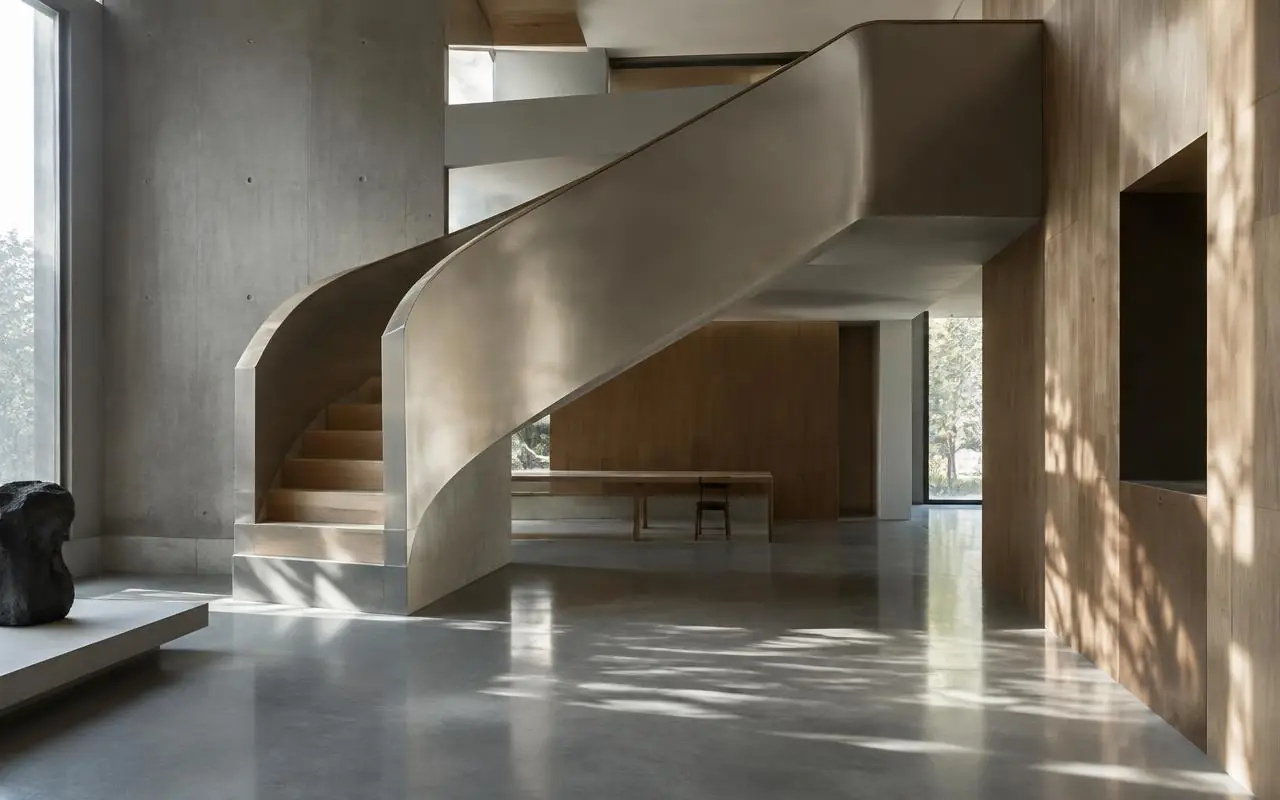 Sculptural staircase in concrete and timber