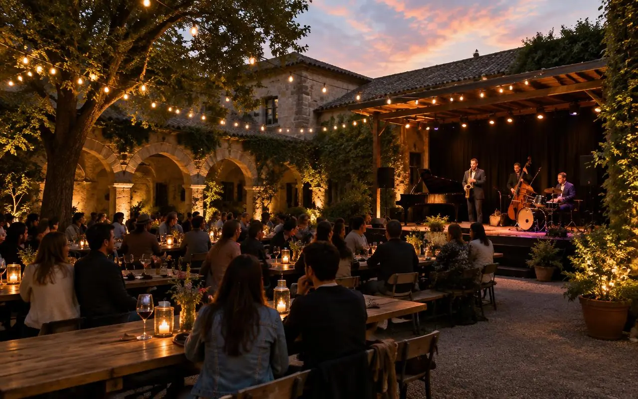 Long tables in a lantern lit courtyard