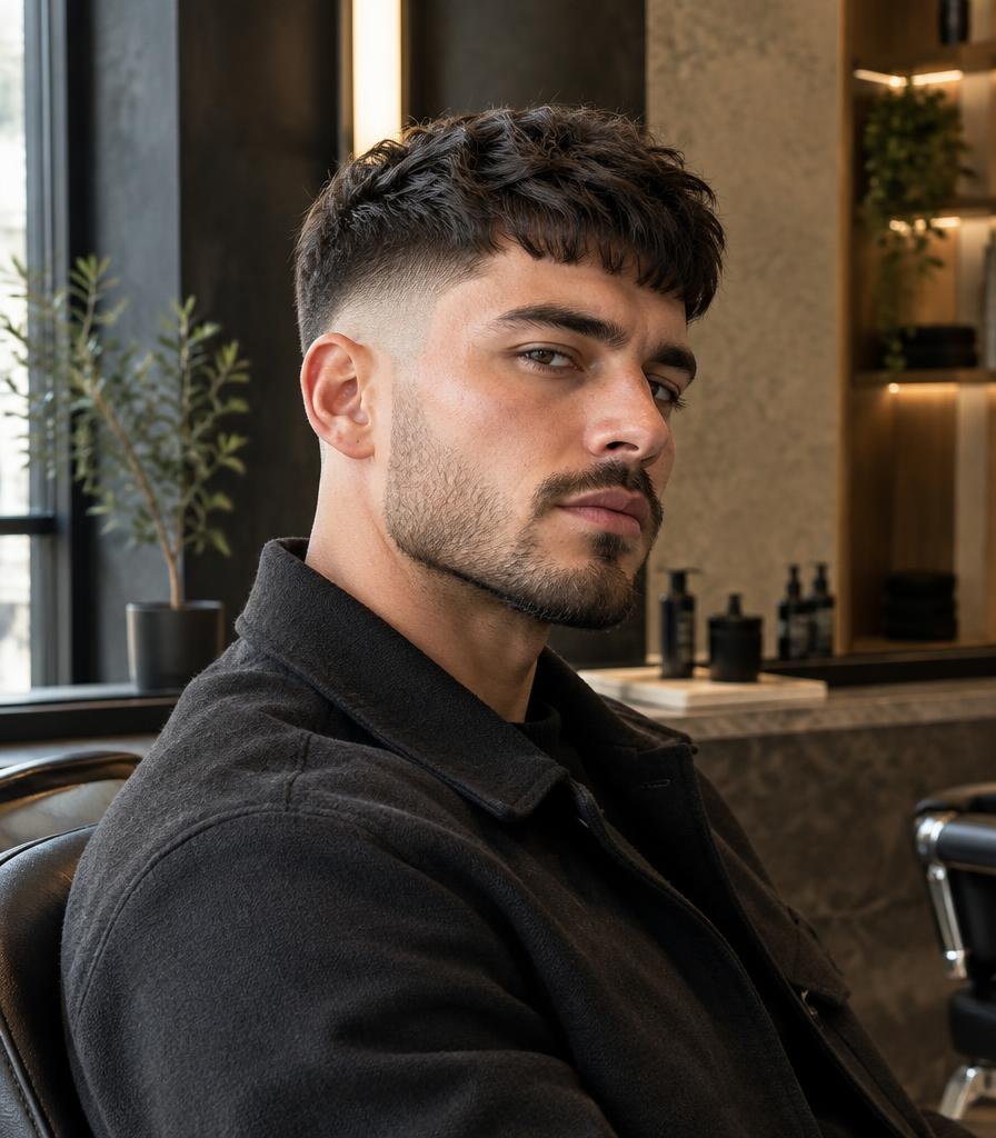 Textured crop and low taper in a modern barber studio