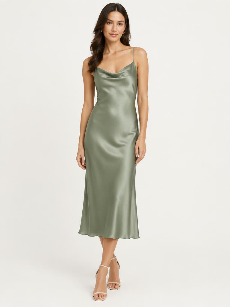 Model in a sage satin midi slip dress