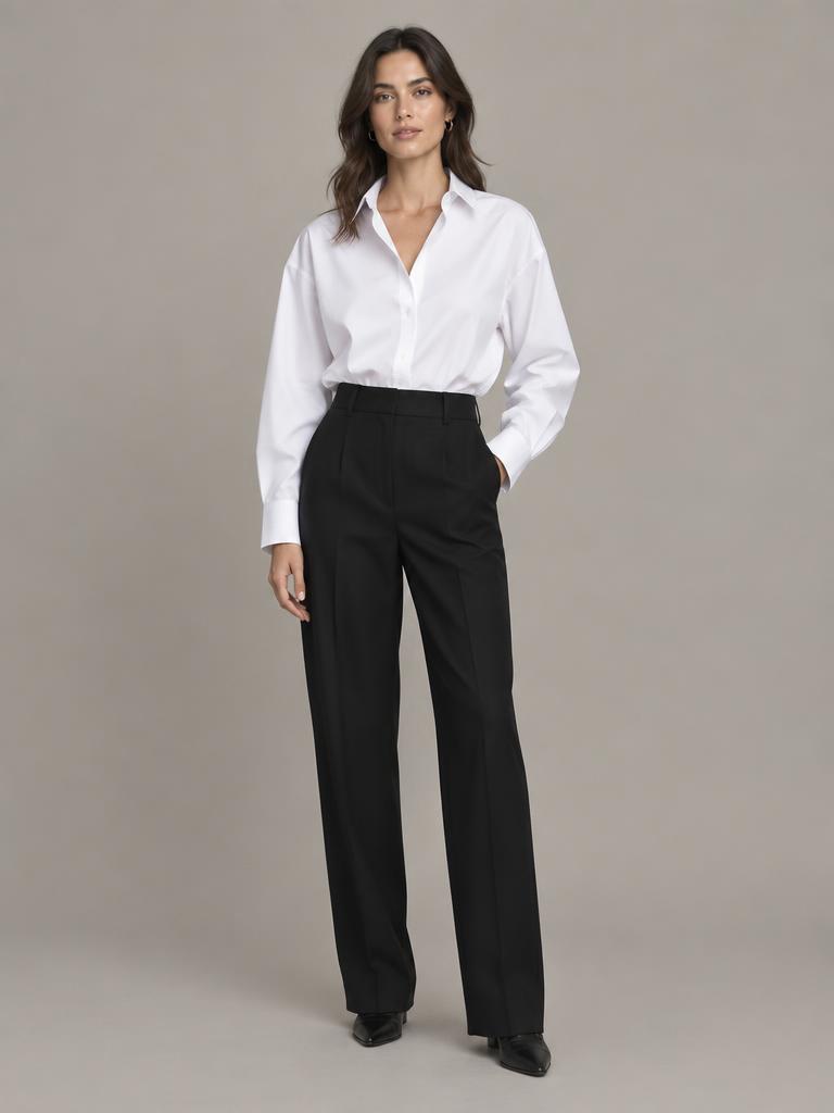Model in an oversized white poplin shirt and black trousers