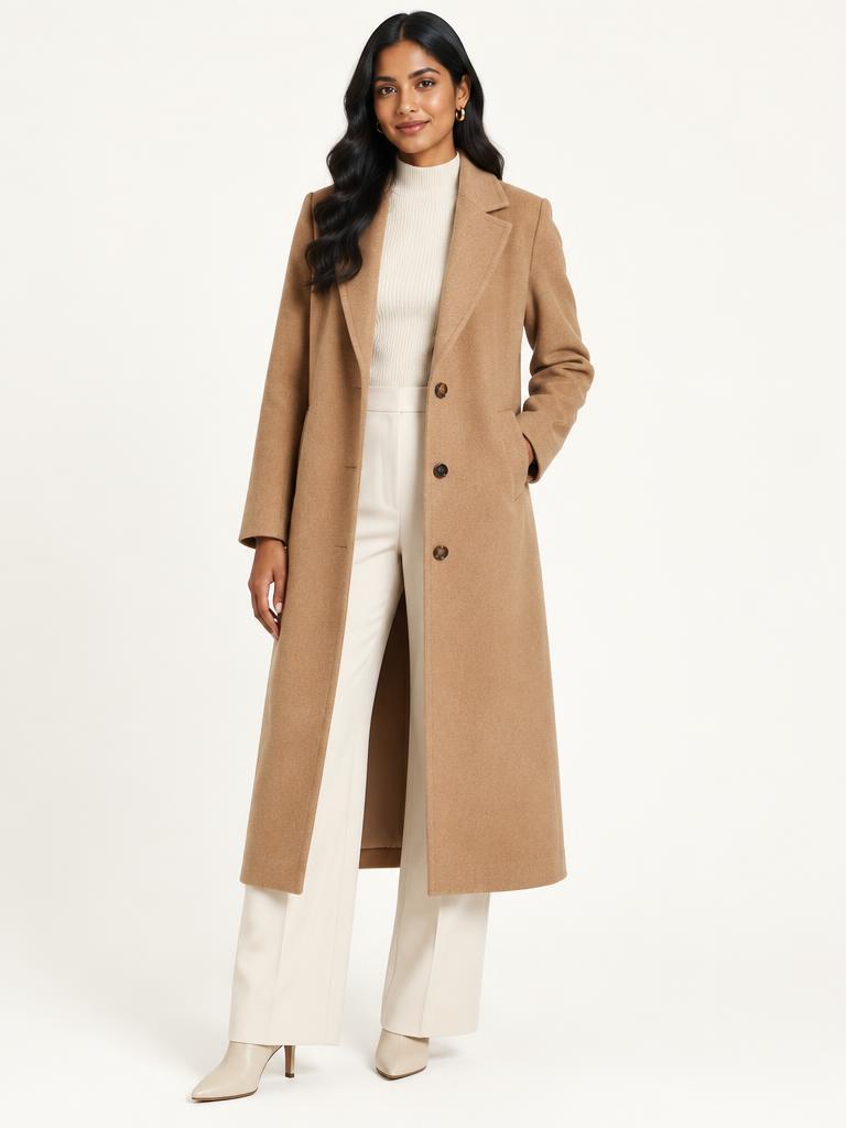 Model in a camel wool longline coat