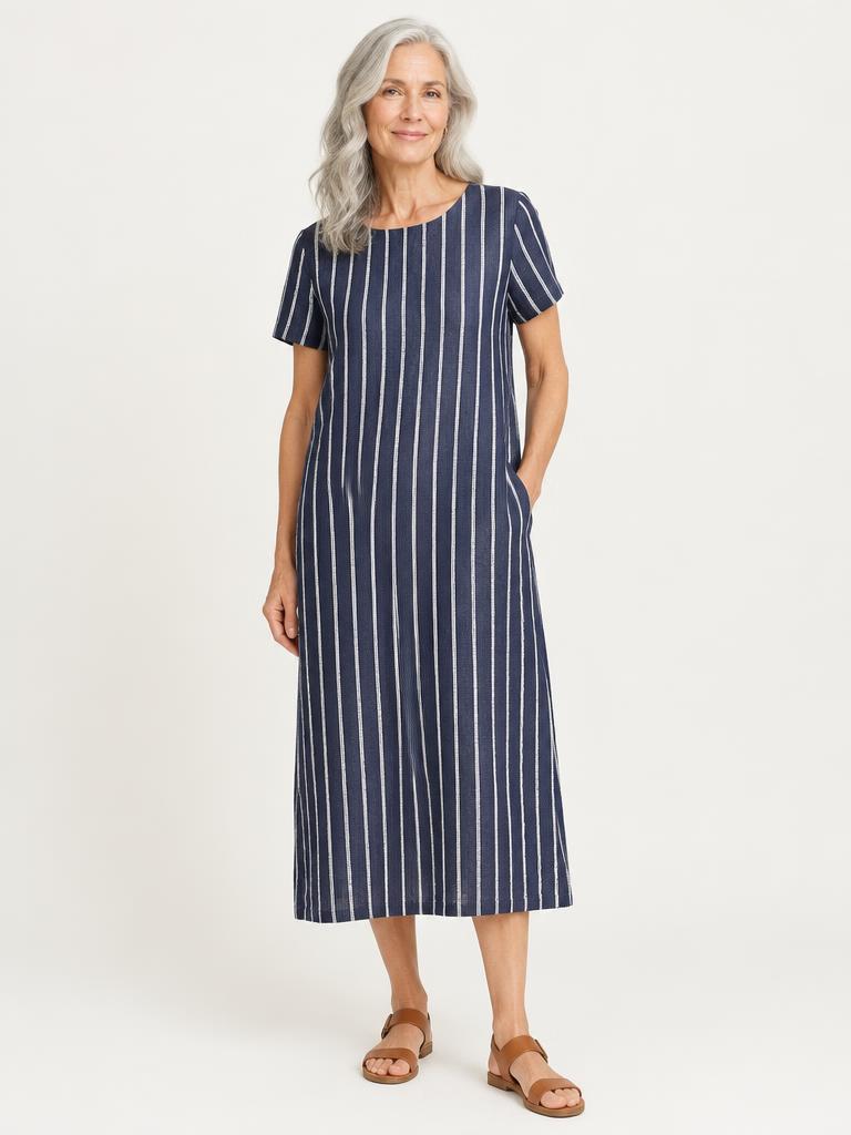 Model in a navy striped linen midi dress