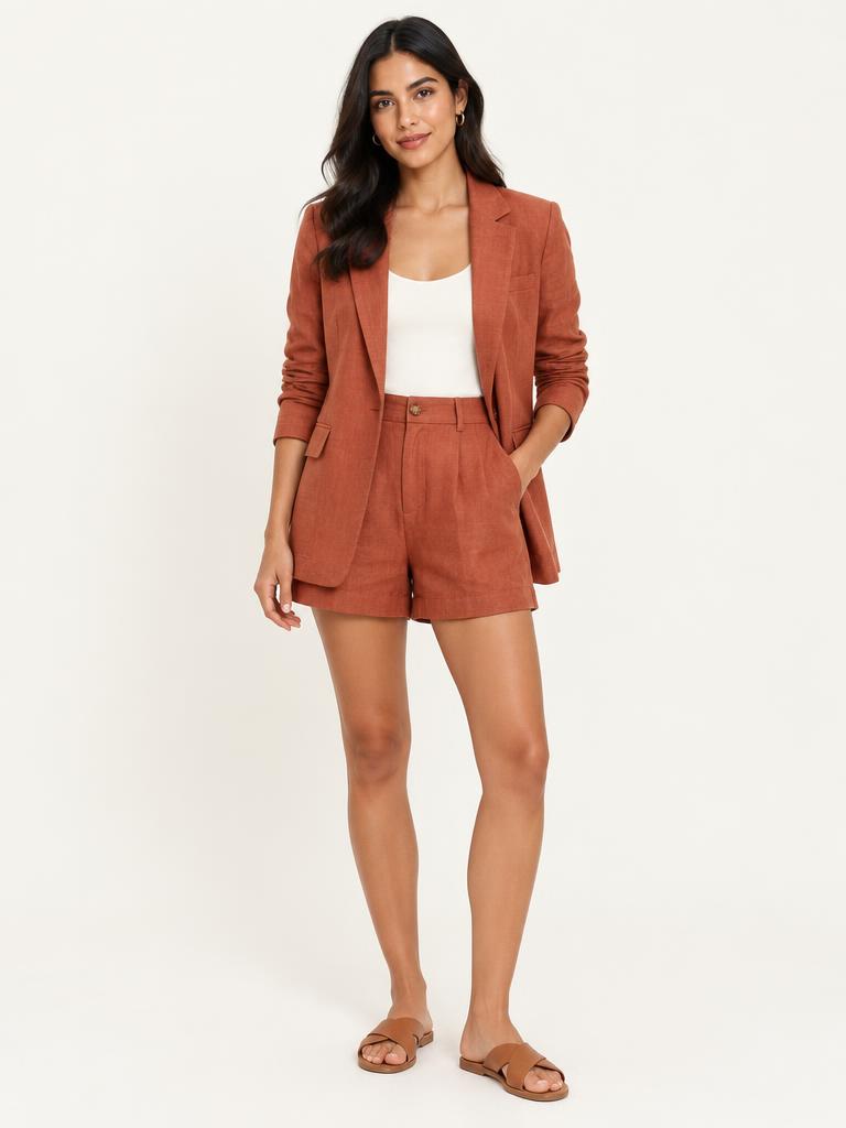 Model in a terracotta linen blazer and matching shorts