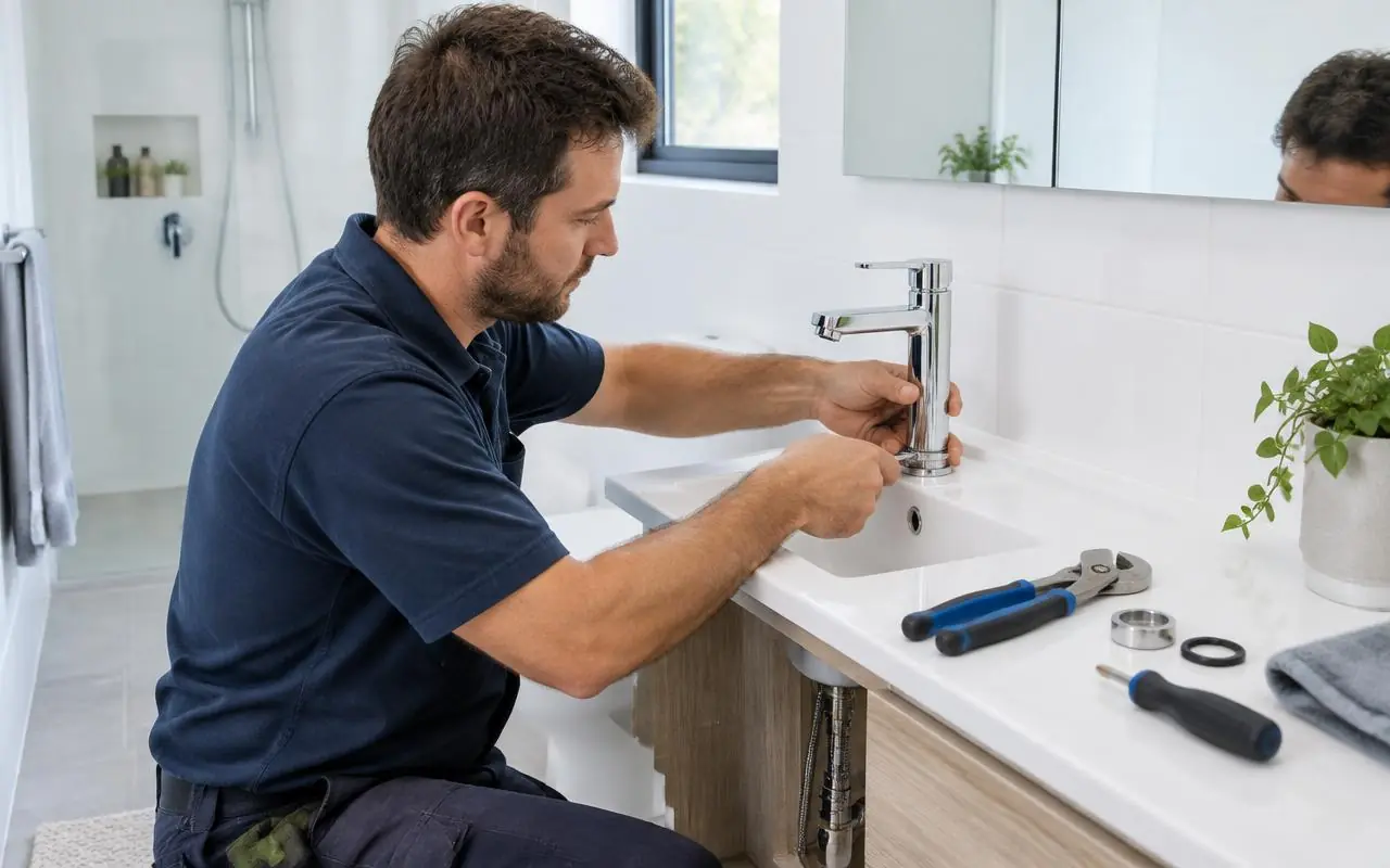 Plumber fitting a new bathroom tap