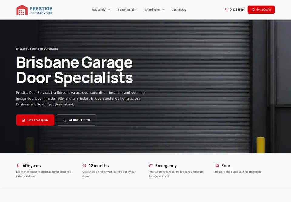Current Prestige Door Services website on desktop