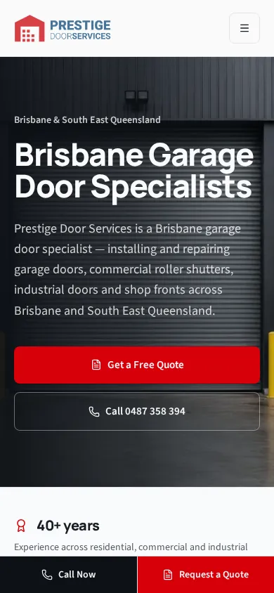 Current Prestige Door Services website on mobile