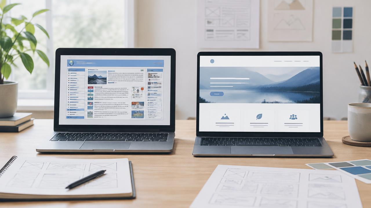 Two laptops side by side, one showing a cluttered older website and the other a clean modern layout
