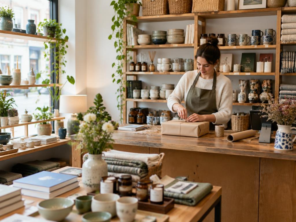 Shopkeeper wrapping an order in a styled homewares store