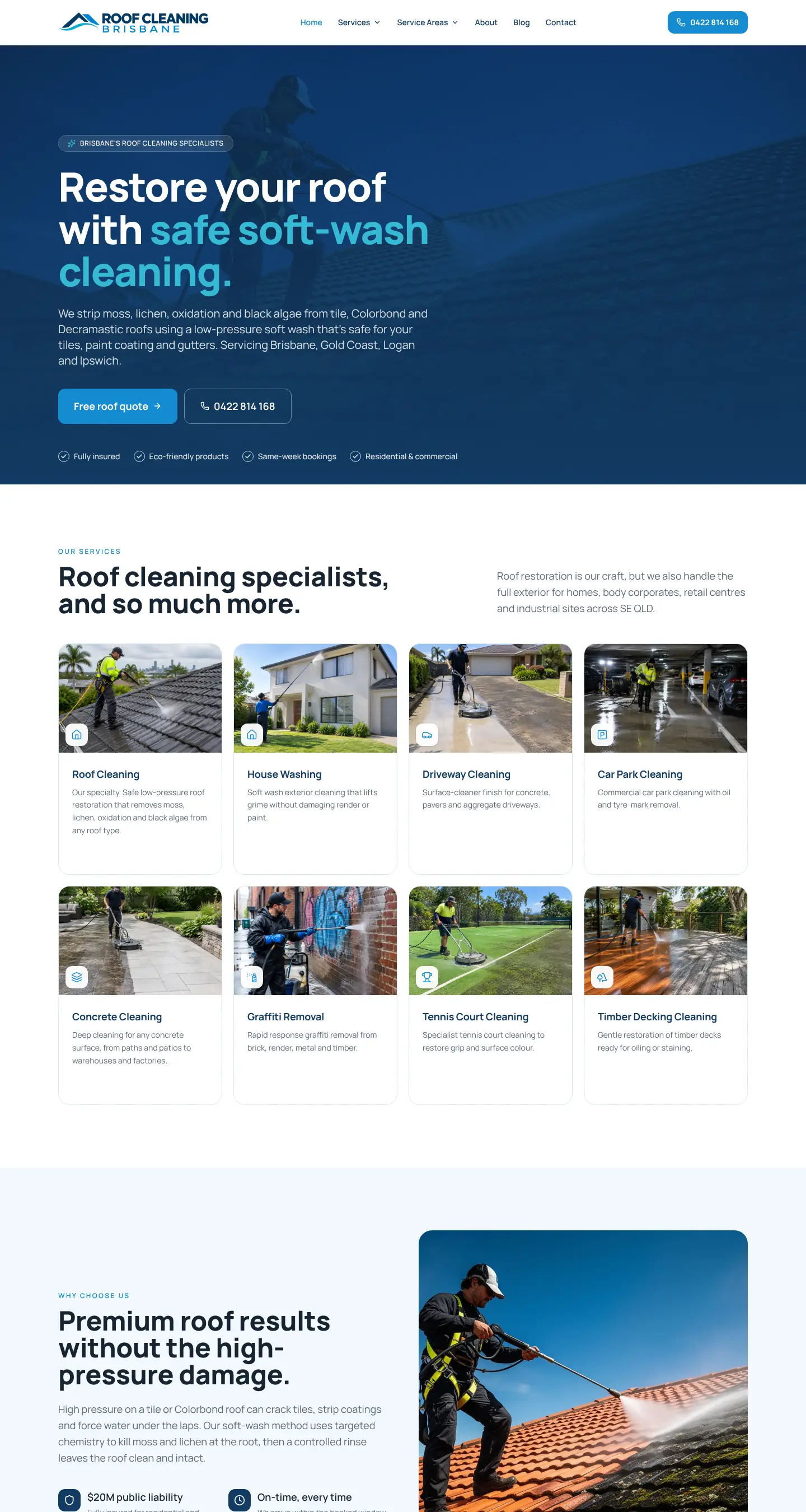 Desktop screenshot of the Roof Cleaning Brisbane website showing soft-wash roof cleaning services and a free quote button