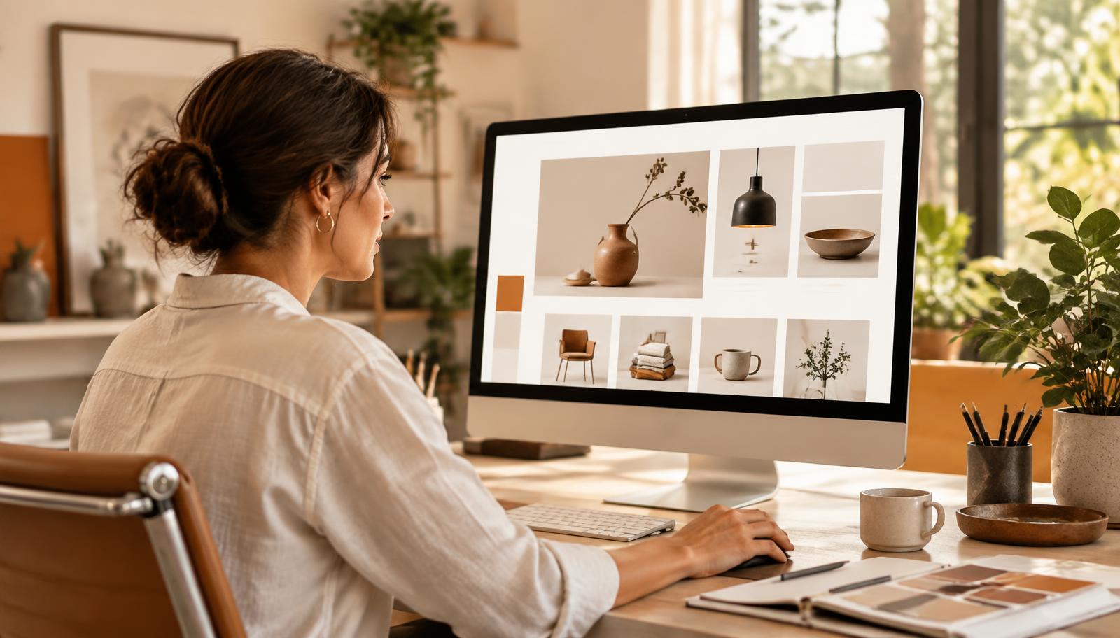 Store owner reviewing a visual online store layout on a desktop computer