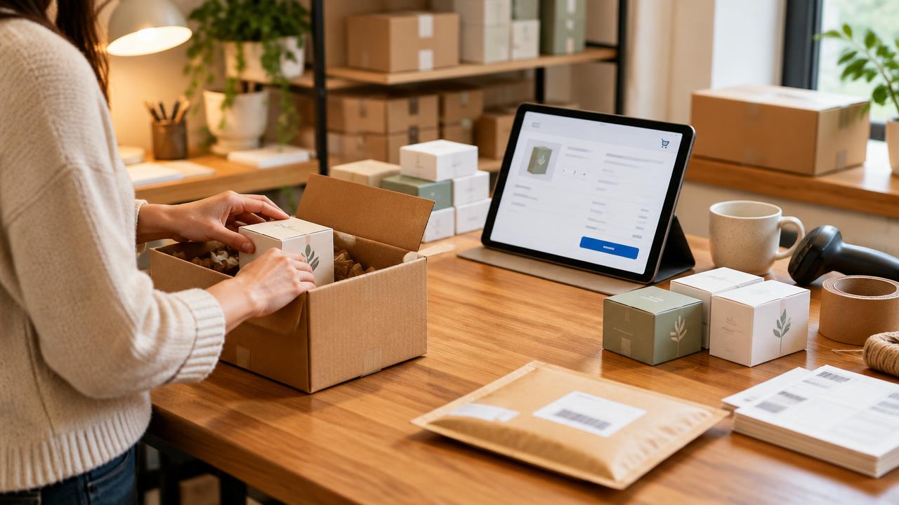 A small business packing orders beside a tablet showing an online store checkout