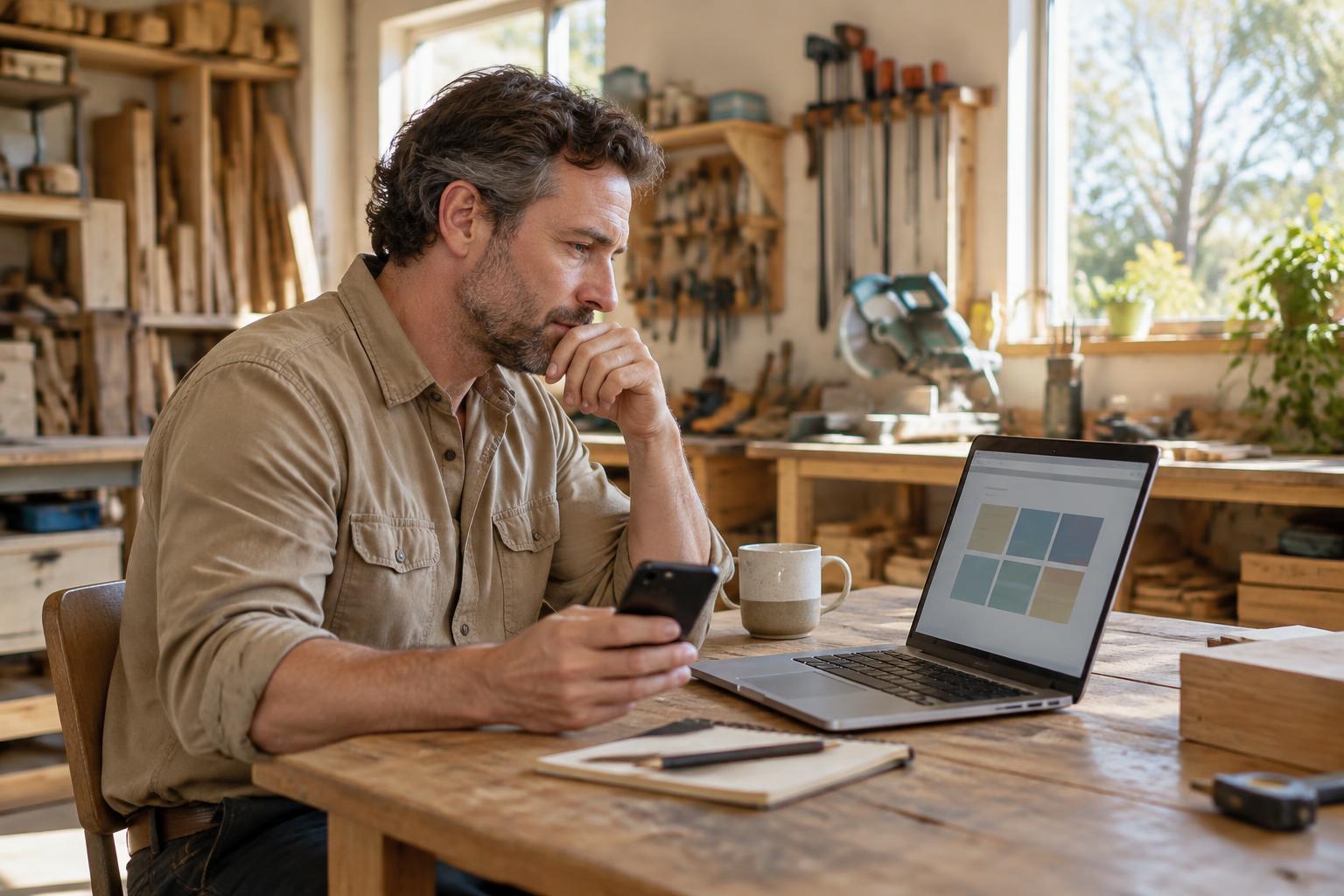 An Australian small business owner reviewing a website on a laptop while holding a phone in a sunlit workshop