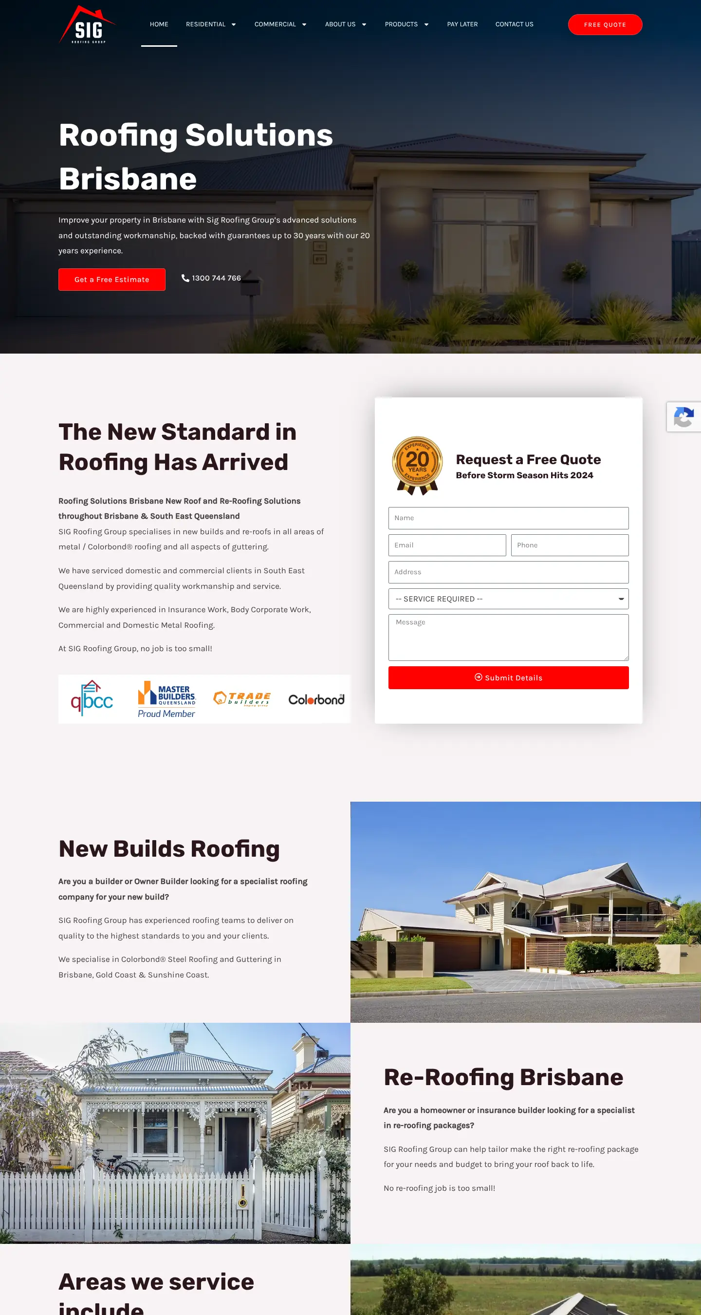 Desktop screenshot of the SIG Roofing Group website showing its Brisbane roofing services and free estimate link