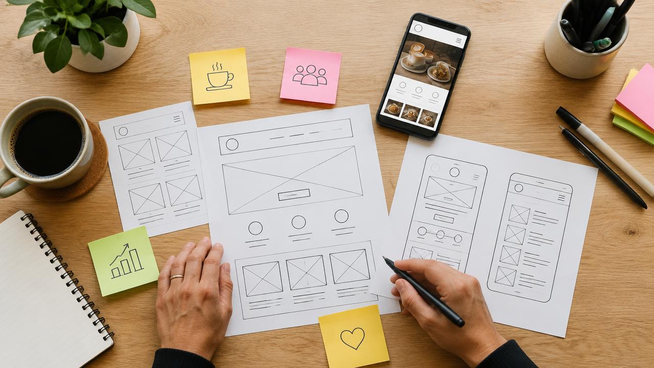Paper wireframes, sticky notes and a smartphone on a timber table during website planning