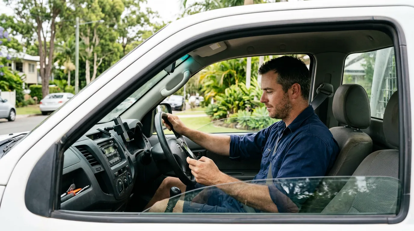 A tradie sitting in his white ute on a leafy Brisbane street, checking his phone between jobs